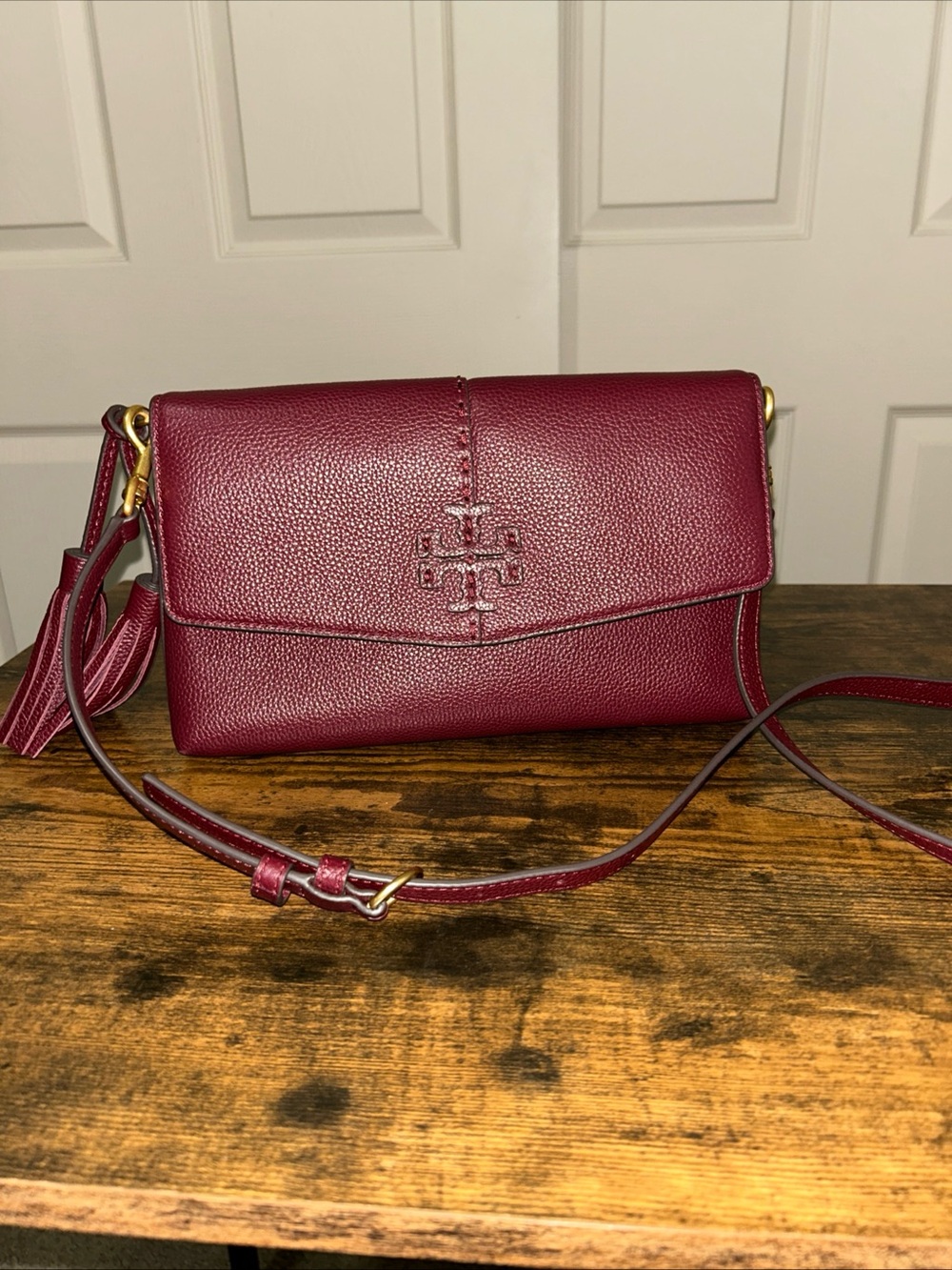 Tory Burch McGraw Claret Wine Red Leather Convertible Crossbody Bag/Clutch
